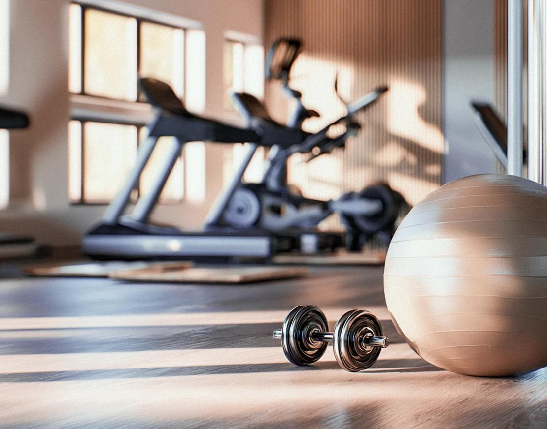 Palestra con manubrio e palla fitness in primo piano e tapis roulant sullo sfondo illuminati da luce naturale.
