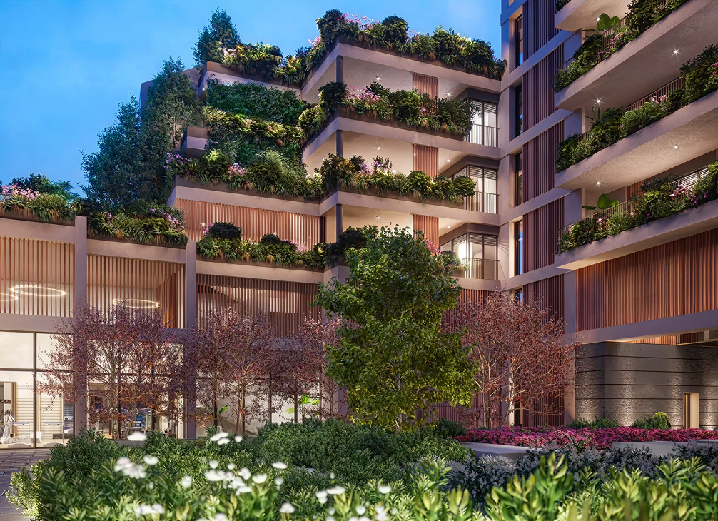 Edificio moderno residenziale con balconi e terrazze abbondantemente decorati con piante verdi e fiori, circondato da arbusti e alberi in un giardino curato al crepuscolo.